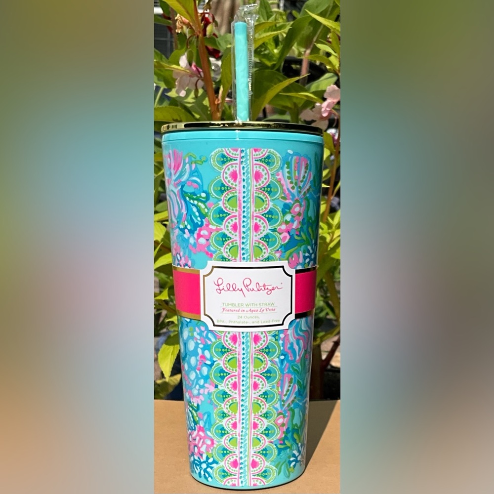 Brand New Lilly Pulitzer Tumbler with Straw Featured in Aqua La Vista 202202